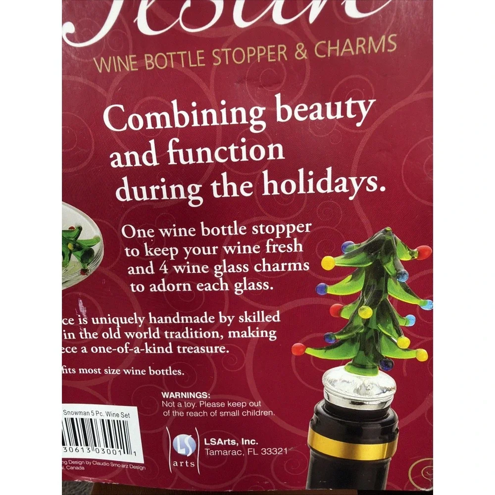 Festive Christmas Snowman Wine Bottle Stopper & 4 Wine Glass Charms Set